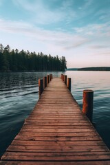 Naklejka premium A wooden dock sitting next to a body of water