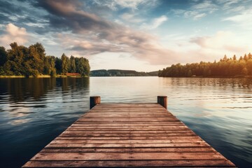 A wooden dock sitting next to a body of water - obrazy, fototapety, plakaty