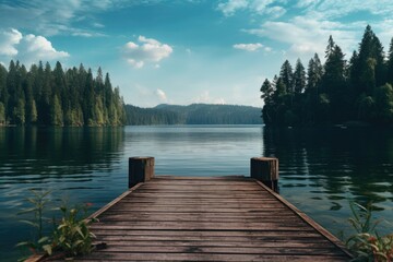 A wooden dock sitting next to a body of water - obrazy, fototapety, plakaty