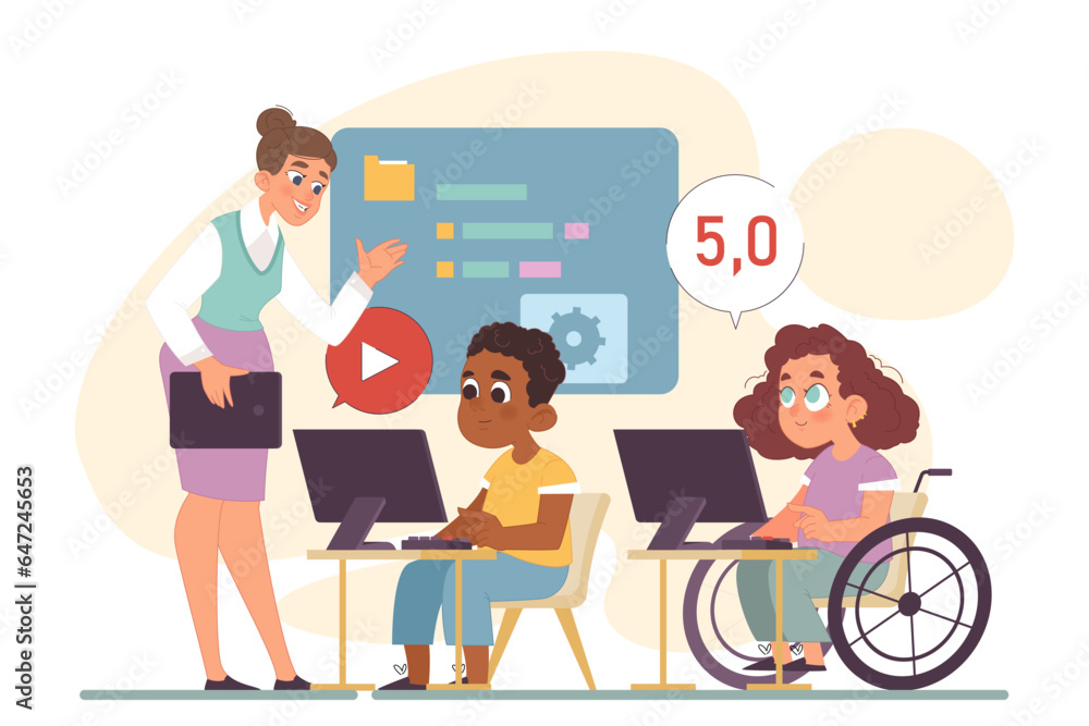 Poster computer science class for kids. diverse children programming