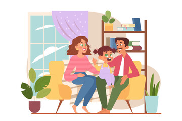 Family time. Smiling mother, father and daughter sitting on a couch.