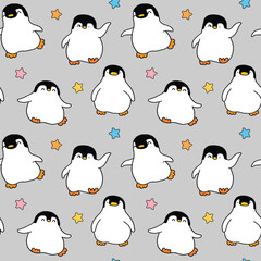 Seamless Pattern of Cartoon Penguin and Star Design on Grey Background