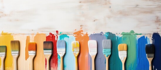 Bird s eye view of a paintbrush and various color samples on a white wooden background