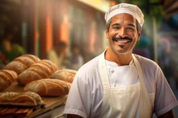 Photo sur Plexiglas Pain Portrait of a middle aged male baker wearing his apron in his bakery smiling at camera after baking his breads