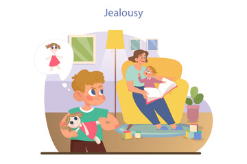 Children emotions. Little kid feels jealous about lack of attention. Sibling