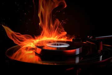 Abstract music artwork with fire and smoke on record. Fiery vinyl disk spinning on turntable. Generative AI