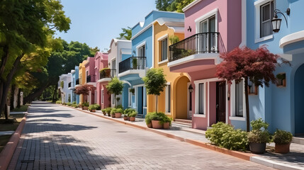 Colorful stucco traditional private townhouses. Residential architecture exterior - obrazy, fototapety, plakaty
