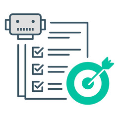 Vector icon for Robot Task List Icon,  Goal-Oriented Robot Symbol. Robot with target icon. AI goal icon. Assignment Target Icon. robotic process automation icon editable stroke on a white background. 