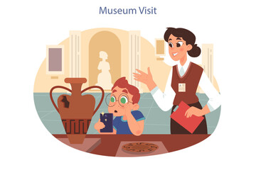 School museum visit. Students studying history and natural science at extracurricular