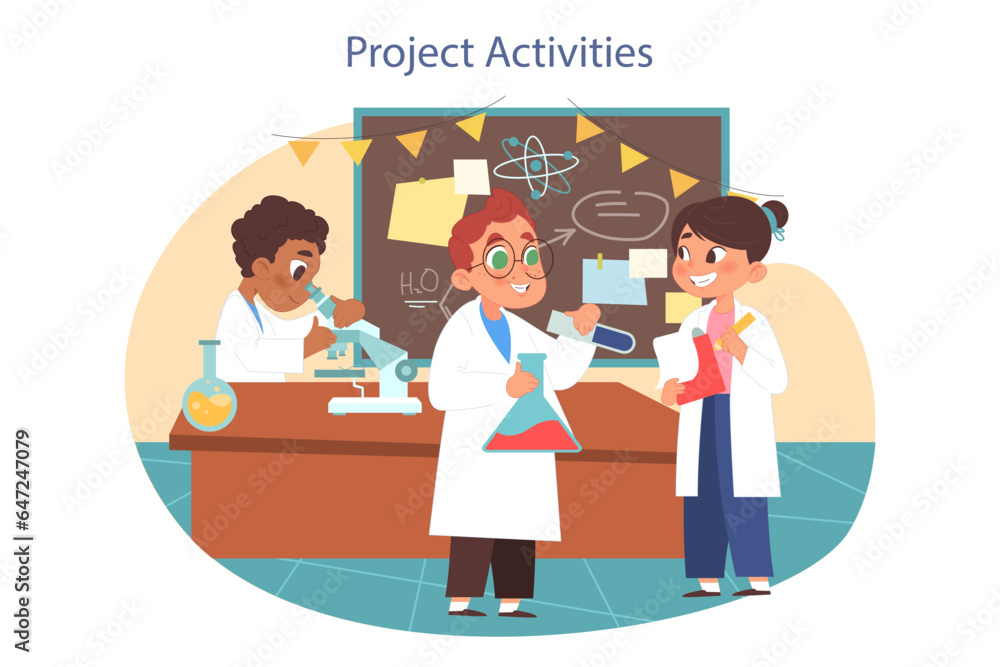 Poster school project. kids at the desk developing a science project in a classroom