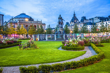 The Kings New Square or Kongens Nytorv in central Copenhagen dawn view