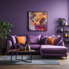 Corner vibrant fabric sofa near purple wall. Interior design of modern living room