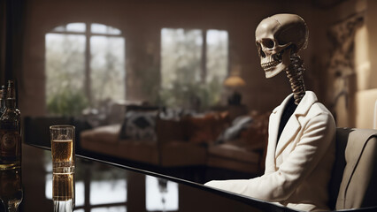 skeleton looking sad in living room with alcoholic drink - obrazy, fototapety, plakaty