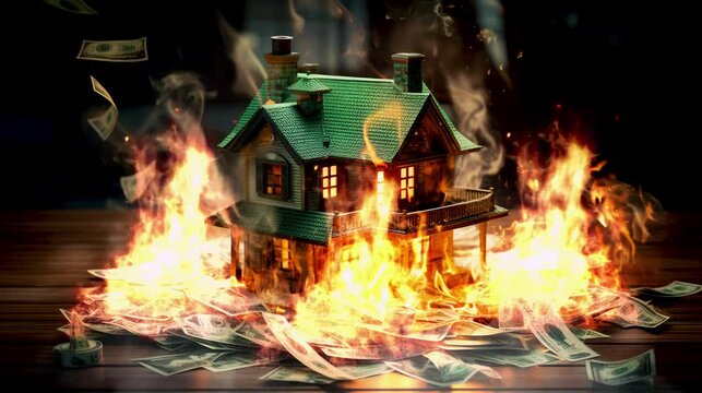 Captivating visual representation of a turbulent real estate market, symbolized by houses on fire. Ideal for illustrating financial instability, market crashes, or investment risks. 