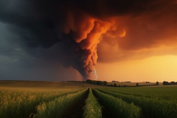 Dramatic tornado and fire above lush field. Generative AI