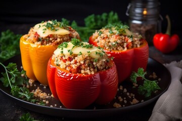 Stuffed red bell peppers filled with quinoa and cheese. Generative AI