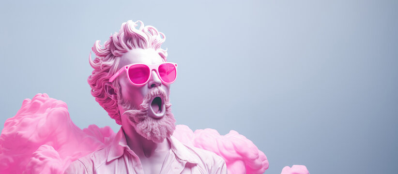 White sculpture with surprised open mouth wearing pink glasses against a blue background with pink clouds