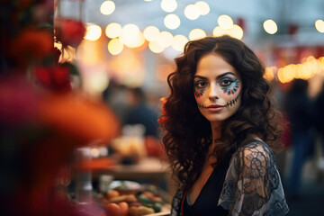 Fototapeta premium Street portrait of a gorgeous brunette with festive death day makeup.