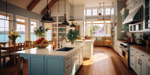 Coastal interior design of modern kitchen. - obrazy, fototapety, plakaty