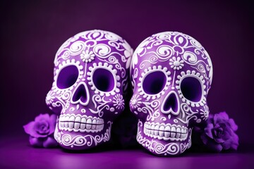 Concept for a death day celebration. Purple sugar skulls on purple background.
