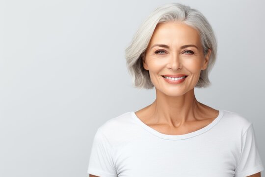 Portrait Of A Smiling Fifty Year Old Gray-haired Woman In White Casual Clothes Gray Background.