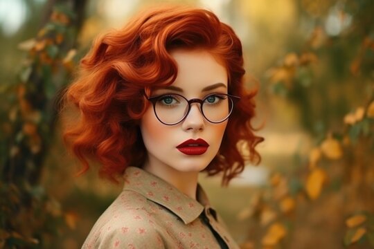 Portrait of a red-haired girl with glasses against a background of fall foliage.