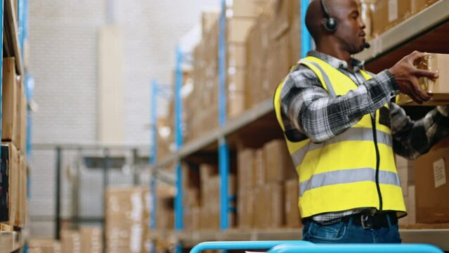 Order picking using a voice directed warehousing system. Young black worker picks orders from shelving units while wearing a headset. Voice picker fulfilling orders using a warehouse management system