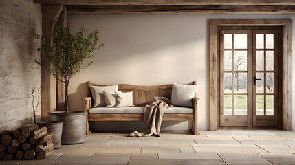 Cozy interior design of modern rustic entrance hall with door in farmhouse. Hallway with timber beam ceiling