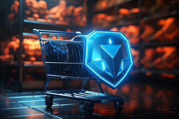 A protective shield envelops a shopping cart, serving as a powerful symbol for the enhanced security of online transactions.