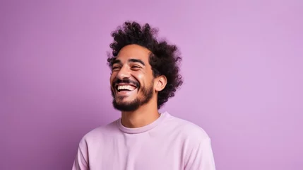 Foto op Canvas Happy joyful smiling young man looking aside up thinking of new good opportunities, dreaming, feeling inspired and proud standing isolated on purple background. © Pro Hi-Res