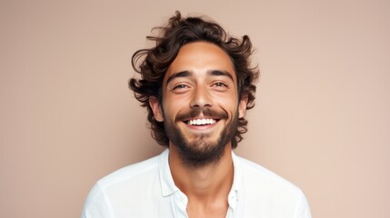 Obraz premium Caucasian handsome man isolated on beige background.