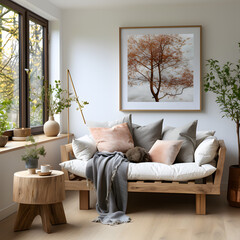 Cozy loveseat sofa and wooden coffee table against window. Poster frame on white wall. Scandinavian interior design of modern stylish living room 