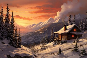 Hut cabin woods snow ground warm sundown