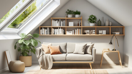 Cozy sofa against skylight window near grey wall with wooden shelf. Scandinavian interior design of modern stylish living room in attic 