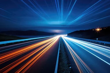 Moving car lights on highway at night long