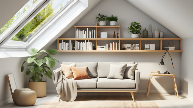 Fototapeta Cozy sofa against skylight window near grey wall with wooden shelf. Scandinavian interior design of modern stylish living room in attic 
