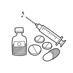 A set of icons related to medicine. Hand drawn, doodle style. Syringe, pills. Vector illustration.
