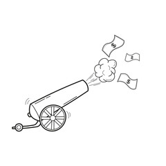 Dollar gun icon. Hand drawn, doodle style. Money confetti. Vector illustration.