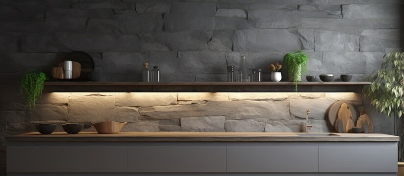 a modern kitchen with banner stone niche kitchenware sink and shelf in a grey interior