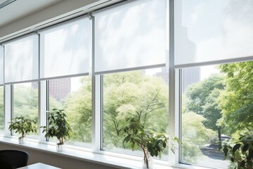 Protection from sunlight using white roller blinds on office windows with a view of the garden. Generative AI