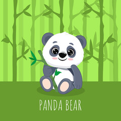 Cute cartoon panda in bamboo forest.Panda cub with bamboo. 