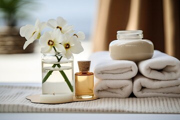 Fototapeta na wymiar Towels bottle liquid vase flowers table beige