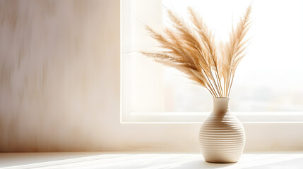 Decorative clay vase with pampas grass against window near white wall. Home decor background with copy space. Interior design of modern living room