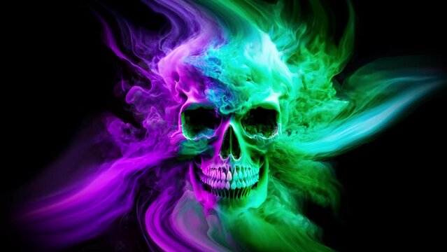 Skull head with pink and green smoke explosion. 4k quality looping video