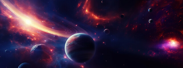 Obraz na płótnie Canvas Abstract space wallpaper with planets and stars. AI