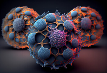 Small cancer cells agglutinate in clusters, 3d image size hyper realistic.