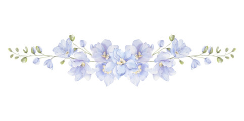 Watercolor delphinium floral bouquet png, elegant wedding arrangement, blue blossom flowers. Floral border clipart.