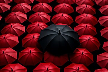 Vibrant red umbrella stands out among a crowd of black umbrellas. Generative AI