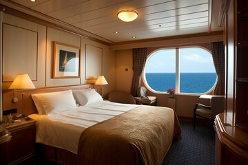 Beautiful cabin with stunning view of the ocean on board a luxurious cruise ship. Generative AI - obrazy, fototapety, plakaty