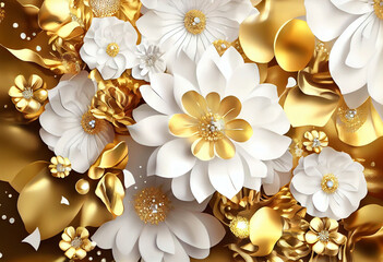Golden and white jewelry flowers on silk background, 3d wallpaper. Generative AI